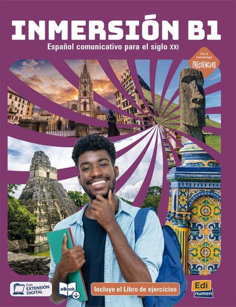 INMERSIÓN B1. Español comunicativo para el siglo XXI. Mann mit Rucksack, Bücher, historische Gebäude im Hintergrund.