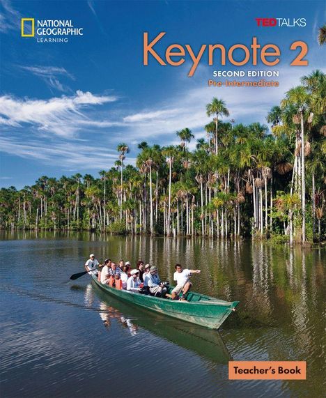 "Keynote 2, Second Edition, Pre-Intermediate, Teacher’s Book." Leute in einem Boot auf einem Fluss, umgeben von Palmen.