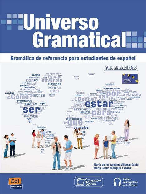 "Universo Gramatical", "Gramática de referencia para estudiantes de español". Wortwolke, Menschen im Gespräch.