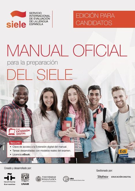 "MANUAL OFICIAL para la preparación DEL SIELE". Fünf lächelnde junge Erwachsene, die Bücher halten.