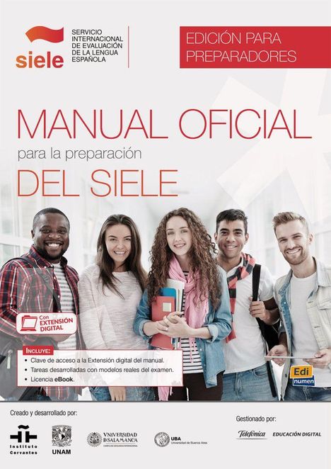 "MANUAL OFICIAL para la preparación DEL SIELE". Junge Erwachsene mit Büchern lächeln freundlich in die Kamera.