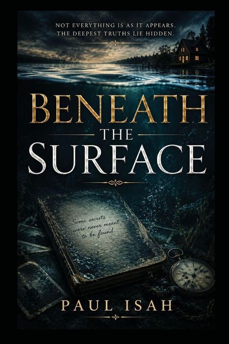 Titel: "BENEATH THE SURFACE", Buch: "Some secrets were never meant to be found." Unterwasseraufnahme mit Haus.
