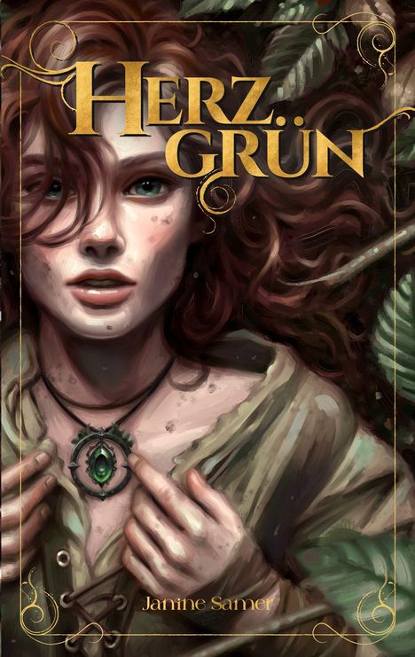 „Herz: Grün“ steht in großen goldenen Buchstaben. Eine Frau mit roten Haaren hält ein grünes Amulett.