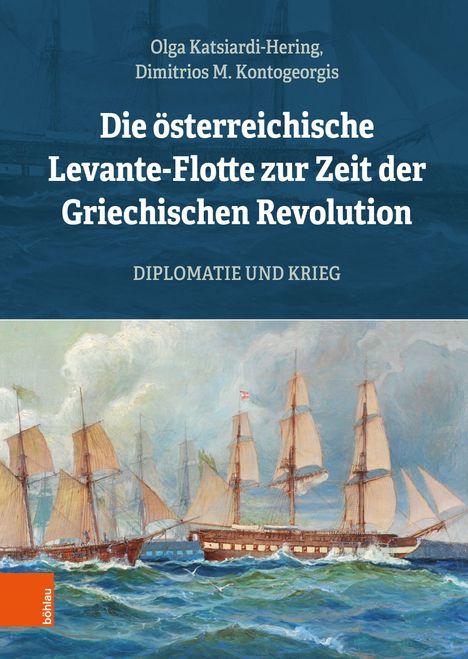 Die österreichische Levante-Flotte zur Zeit der Griechischen Revolution. Illustration: Segelschiffe auf bewegtem Meer.