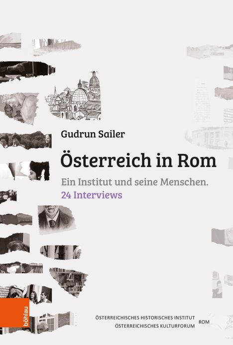 Text: "Gudrun Sailer. Österreich in Rom. Ein Institut und seine Menschen. 24 Interviews." Illustration von Bauwerken und Fotos.
