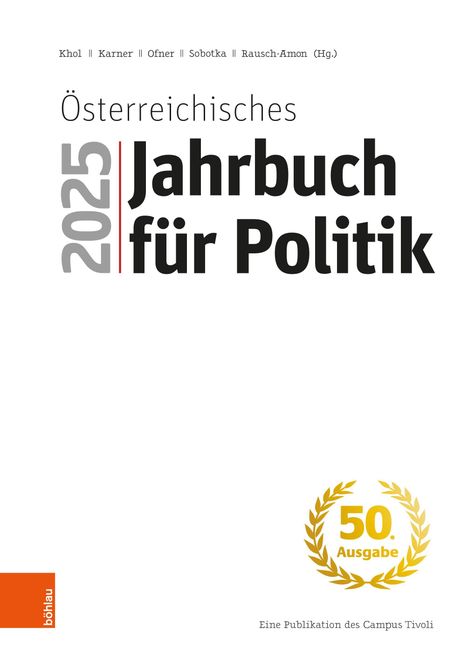 "Österreichisches Jahrbuch für Politik 2025", 50. Ausgabe. Links ein vertikales Logo "böhlau". Icons: Lorbeerkranz in Gold.