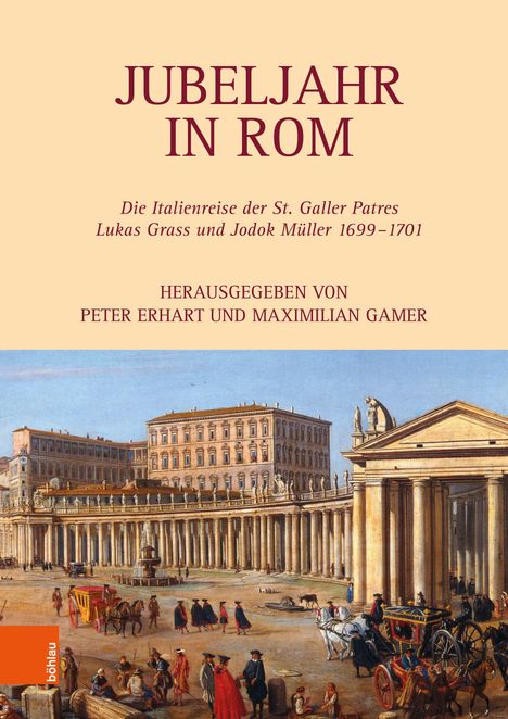 "Jubeljahr in Rom" steht groß oben. Darunter ein Bild von historischem Rom mit Menschen, Pferdekutschen und hoher Architektur.