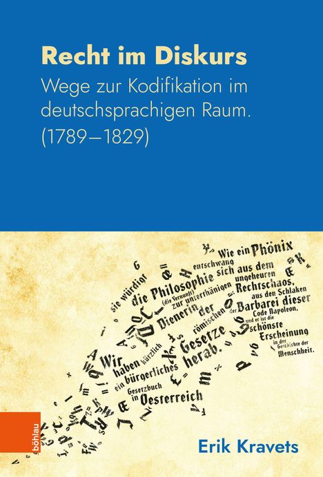 Text: "Recht im Diskurs. Wege zur Kodifikation im deutschsprachigen Raum. (1789–1829). Erik Kravets." Illustration: Buchstabenwirbel.