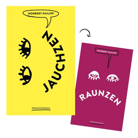 Die Illustration zeigt zwei bunte Cover mit Texten "Jauchzen" und "Raunzen", verziert mit stilisierten Augen.