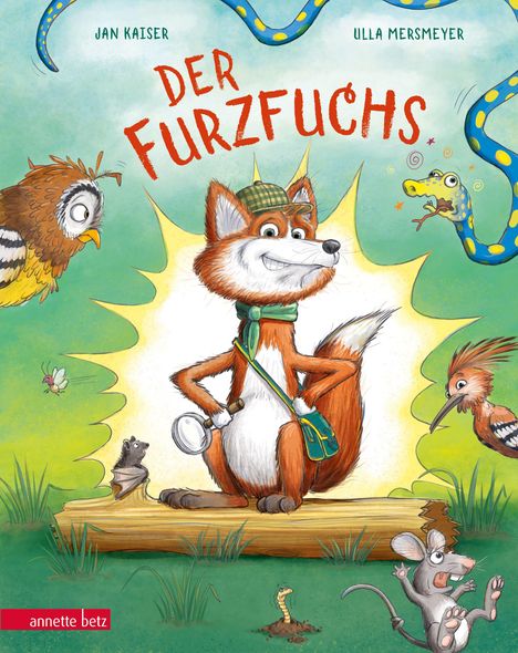 „DER FURZFUCHS“ steht groß in Rot. Ein Fuchs mit Detektivhut und Lupe wird von Tieren überrascht angeschaut.