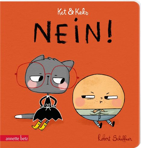 "Ket & Keks NEIN!" Zwei gezeichnete Figuren: graue Katze mit roter Brille, Keks trägt Hemd, beide wirken missmutig.