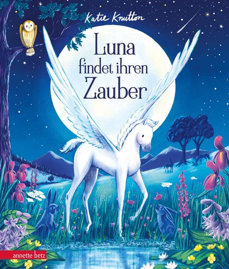 „Luna findet ihren Zauber“ steht vor einem großen Vollmond. Ein fliegendes Pferd in einer Blumenwiese bei Nacht.