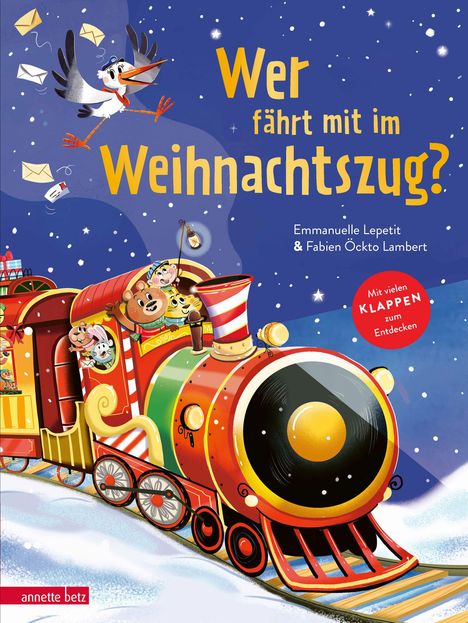 "Wer fährt mit im Weihnachtszug?" Oben fliegender Vogel mit Briefen. Bunter Zug mit fröhlichen Tieren auf Schnee. 