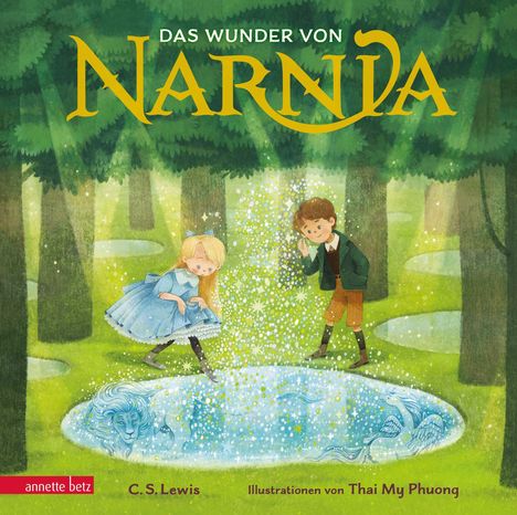 "Das Wunder von Narnia", Illustration eines Mädchens und Jungens, die sich über einen magischen Teich in einem Wald beugen.