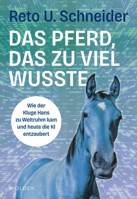 Titel: „Das Pferd, das zu viel wusste“. Ein blaues Pferd vor digitalem Hintergrund.