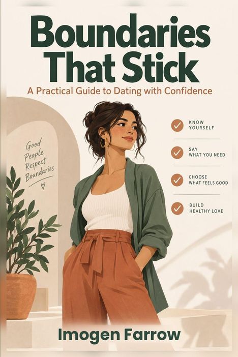 "Boundaries That Stick" – Buchcover mit Illustration einer selbstbewussten Frau in stilvoller Kleidung.