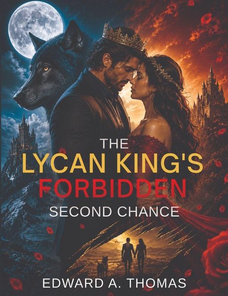 "The Lycan King's Forbidden Second Chance, Edward A. Thomas." Zwei gekrönte Personen, ein Wolf und Burgen vor Vollmond und Sonnenuntergang.