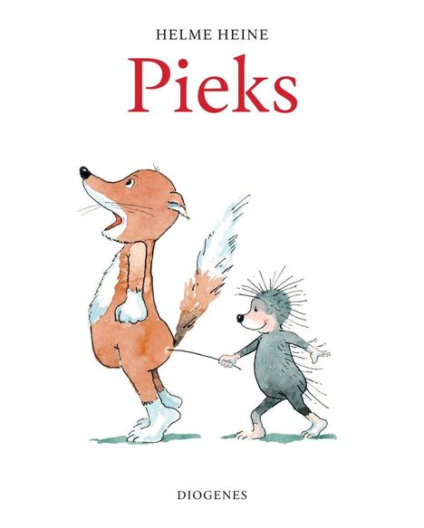 Text: "Helme Heine Pieks Diogenes". Illustration: Ein Igel piekst einen Fuchs mit einem Stock am Schwanz.