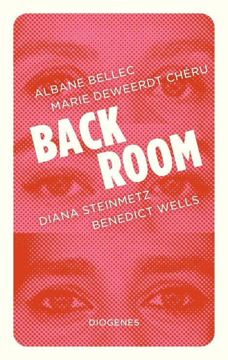 "BACK ROOM" in großen Buchstaben, darunter Namen von vier Autoren. Hintergrund aus stilisierten Augen in roten Punkten.
