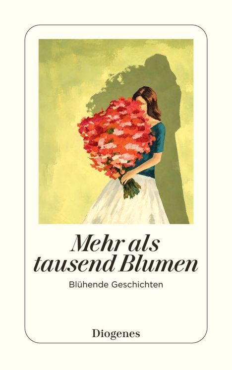 "Mehr als tausend Blumen, Blühende Geschichten, Diogenes." Illustration einer Person mit großem Blumenstrauß.
