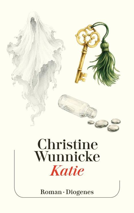 „Christine Wunnicke, Katie, Roman, Diogenes.“ Ein Gespenst, ein goldener Schlüssel und eine Flasche mit Perlen.
