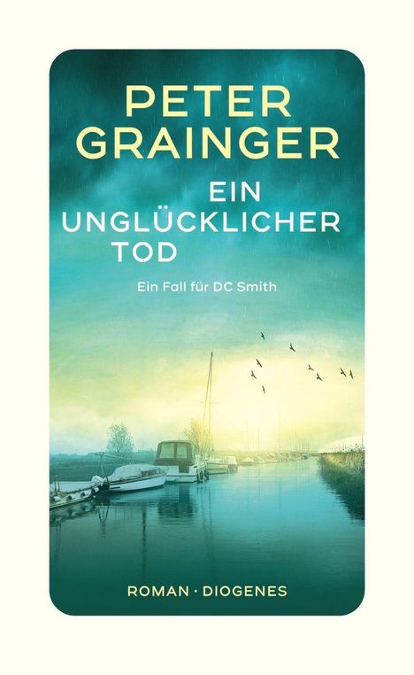 Titel: "Ein unglücklicher Tod". Ein Boot auf einem ruhigen, nebligen Fluss, Vögel fliegen am Himmel.