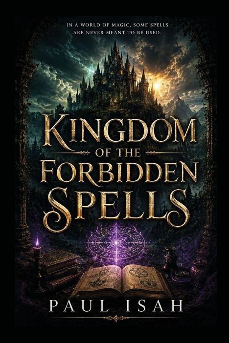„Kingdom of the Forbidden Spells“ von Paul Isah. Dunkles Schloss vor bewölktem Himmel, offenes Buch mit magischen Symbolen.