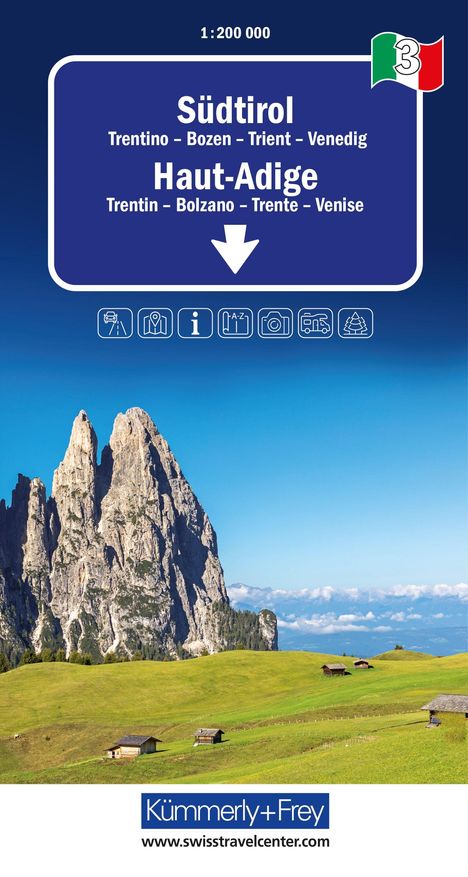 „Südtirol, Trentino - Bozen - Trient - Venedig. Haut-Adige, Trentin - Bolzano.“ Bergkulisse mit grünen Wiesen.