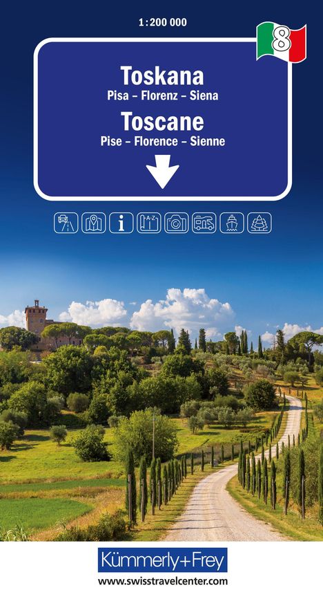 Hinweis auf eine Karte der Toskana, mit Städtenamen und Symbolen, darunter eine malerische Landschaft mit Bäumen und Weg.