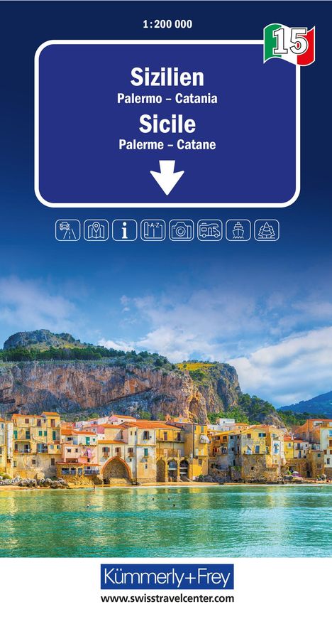 Titel: "Sizilien Palermo - Catania/Sicile Palerme - Catane". Küstenstadt vor einem Hügel, darunter ein Logo.