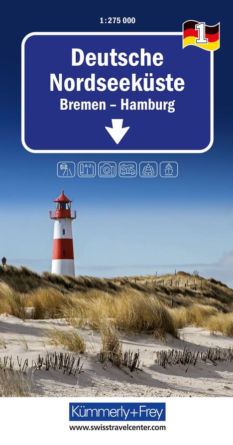"Deutsche Nordseeküste Bremen - Hamburg." Schild-Illustration; Leuchtturm vor Dünen und blauem Himmel im Hintergrund.