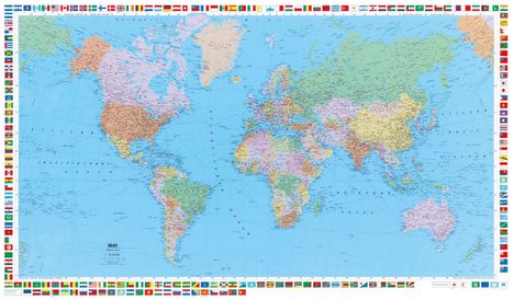 Weltkarte mit Länderflaggen an den Rändern. Die Meere sind blau, Kontinente farblich differenziert.