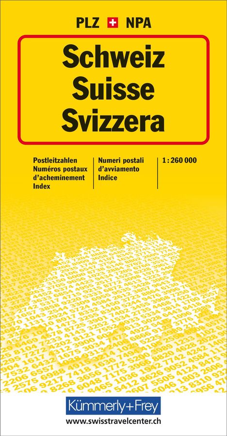 Text oben: "PLZ NPA". In der Mitte "Schweiz Suisse Svizzera". Unten gelbe Zahlen und blaues Logo von "Kümmerly + Frey".