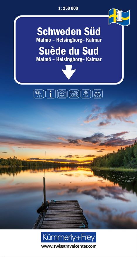 "Schweden Süd, Malmö – Helsingborg– Kalmar" in einem Schild über einer malerischen Seelandschaft bei Sonnenuntergang.