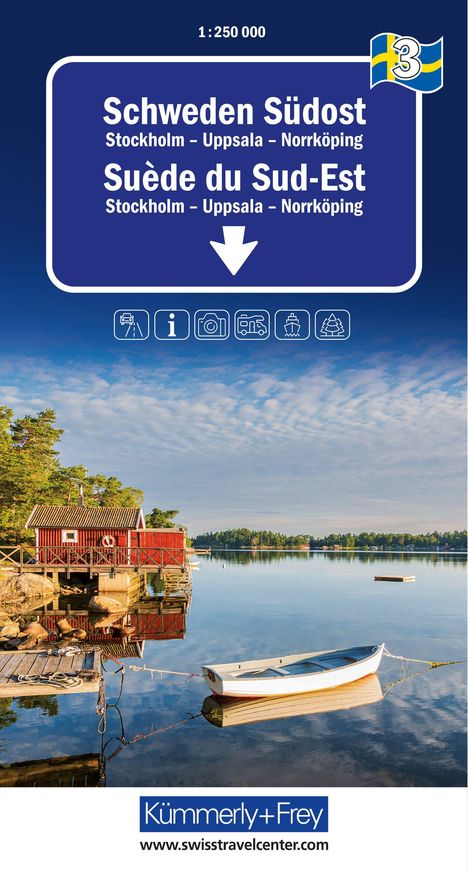 **Schweden Südost** mit Städtenamen; Szenische Ansicht: Rotes Haus am Wasser, Boot.