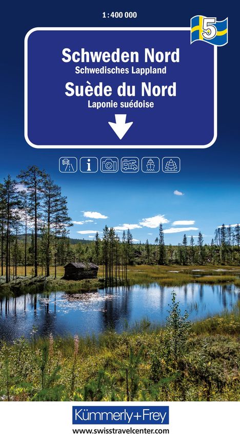 „Schweden Nord, Schwedisches Lappland, Suède du Nord, Laponie suédoise“ steht in einem blauen Kasten. Landschaft mit See.