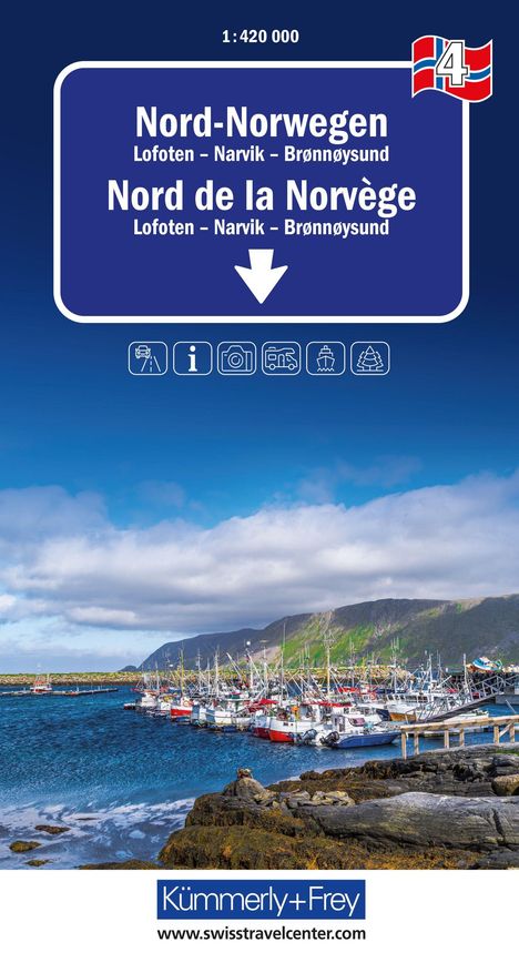 "Nord-Norwegen, Lofoten, Narvik, Brønnøysund." Himmel, Hafen mit Booten, Berge im Hintergrund. Logo: Kümmerly+Frey.