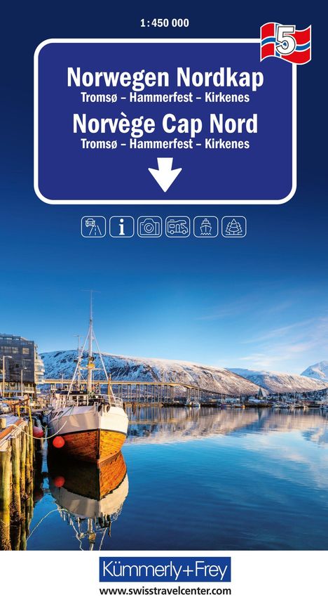 Norwegen Nordkap Karte. Küste, Schneeberge und Brücke im Hintergrund. Ein Boot liegt am Pier. Logo Kümmerly+Frey.