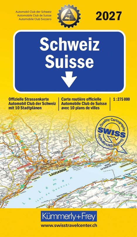 Text: Schweiz/Suisse, 2027, Offizielle Straßenkarte, www.swisstravelcenter.ch. Gelbe Karte mit blauem Schild und Karte von Lausanne.