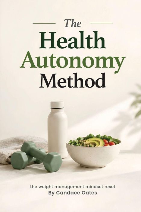 "The Health Autonomy Method", darunter ein weißes Wandbild mit Hanteln, Wasserflasche und Salatschüssel.