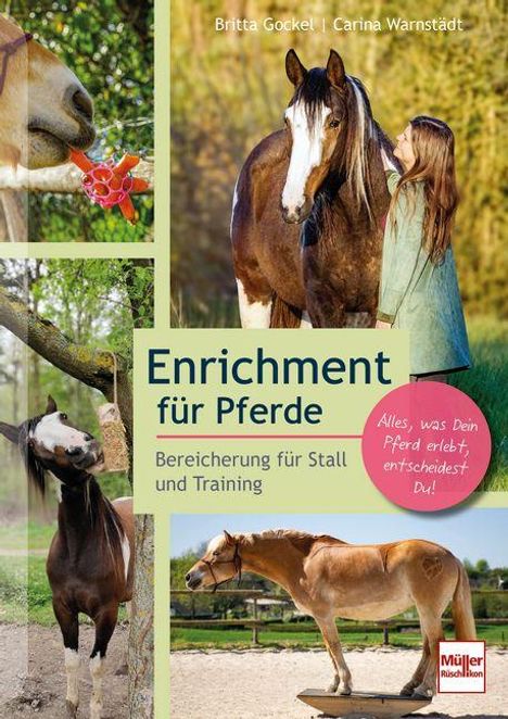 Titel: "Enrichment für Pferde". Untertitel: "Bereicherung für Stall und Training". Ein Mädchen streichelt ein Pferd.