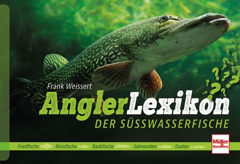 Text: Frank Weisser, Angler-Lexikon der Süßwasserfische. Ein Hecht im Wasser, grüne und schwarze Farbgebung.