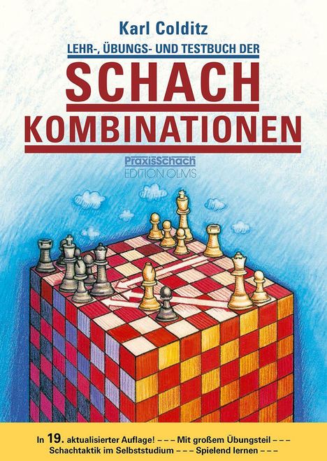 "Karl Colditz, Schachkombinationen. Schachbrett-Kubus mit Spielfiguren, blauer Himmel, weiße Wolken."
