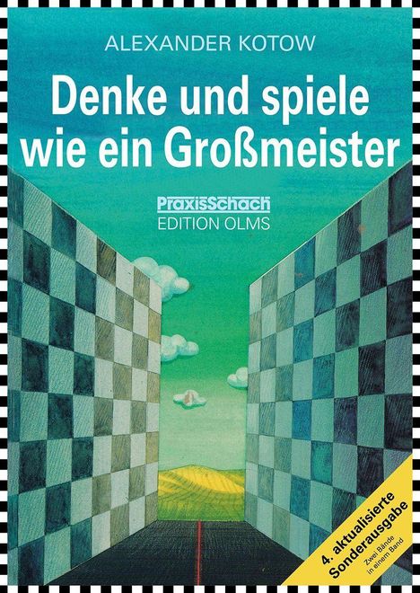 Titel: "Denke und spiele wie ein Großmeister". Schachbretter formen einen Weg in eine grüne Landschaft mit Wolken.
