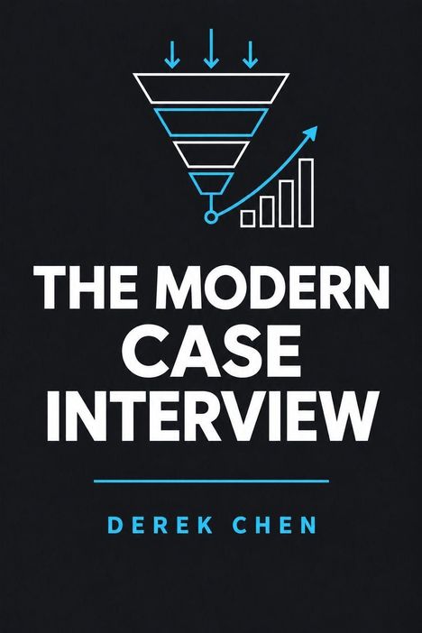 Text: "THE MODERN CASE INTERVIEW. DEREK CHEN." Illustration: Trichter mit Pfeilen und aufsteigenden Balkendiagramm.