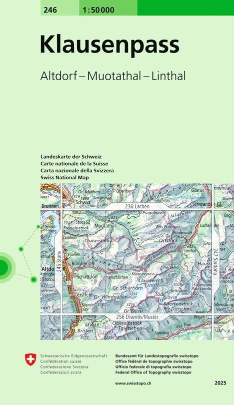Text: "Klausenpass, Altdorf – Muotathal – Linthal, Landeskarte der Schweiz." Eine Landkarte mit Höhenlinien und Straßen.