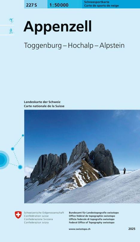 Appenzell, Toggenburg–Hochalp–Alpstein, Landkarte der Schweiz, Schneesportkarte 1:50 000, Jahr 2025, Berglandschaft.