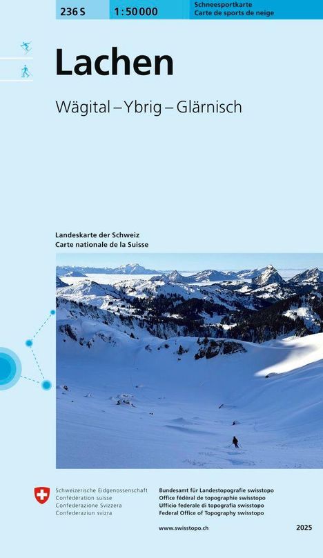 "Lachen, Wägital – Ybrig – Glärnisch. Schneesportkarte. Panorama schneebedeckter Berge unter blauem Himmel."