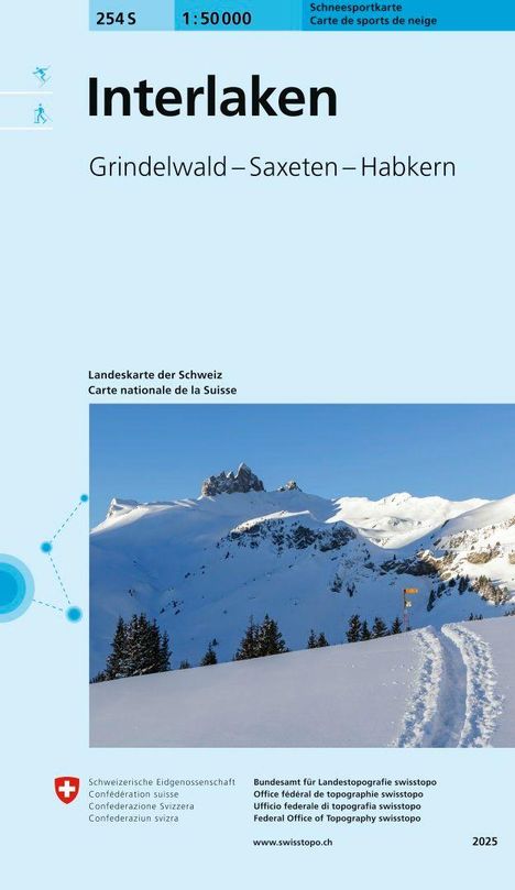 "Interlaken. Grindelwald – Saxeten – Habkern." Schneesportkarte der Schweiz mit winterlicher Berglandschaft im Hintergrund.