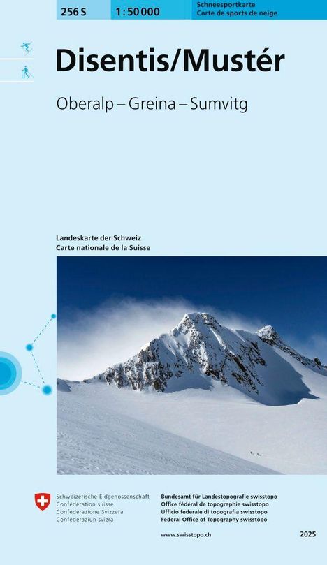 Disentis/Mustér, Oberalp – Greina – Sumvitg. Schneesportkarte der Schweiz. Bild von schneebedecktem Berg unter blauem Himmel.